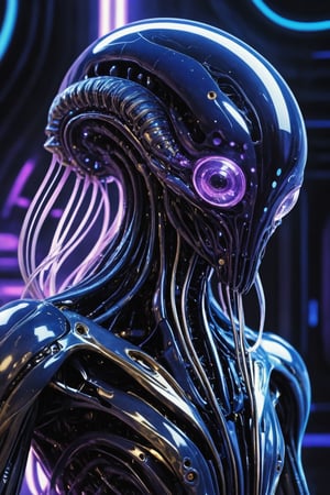 Jellyfish alien with a skinny, reptile-like eyes, big round head filled with circuitry, sci-fi, detailed digital art, futuristic, cyberpunk, alien creature design, high resolution, intense blue and purple lighting, cinematic, concept art by Syd Mead and H.R. Giger, realistic texture, otherworldly atmosphere