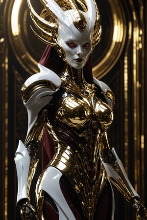 Full body portrait, Futuristic alien woman goddess, white porcelain face, in polished chrome armor with glowing eyes, gold and burgundy accents, unknown materials, realistic detailed digital painting, cinematic lighting, fantasy, character design by Craig Mullins and H. R. Giger, 4k resolution,futuristic alien