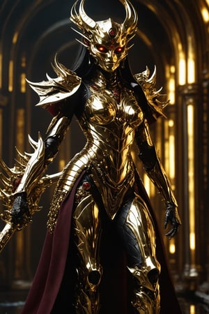 (((Full body portrait))), Futuristic alien woman goddess, Samurai-like mask, in polished chrome armor with glowing reptile-like eyes, gold and burgundy accents, unknown materials, realistic detailed digital painting, cinematic lighting, fantasy, character design by Craig Mullins and H. R. Giger, 4k resolution,futuristic alien