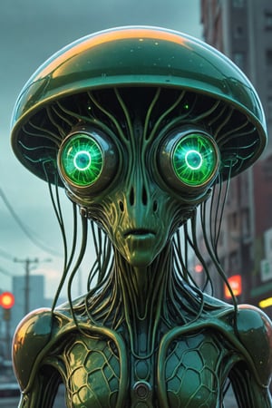 Jellyfish alien with a skinny physique, reptile-like eyes, big round head filled with green glowing circuitry, sci-fi, UHD, futuristic, detailed shading, digital painting by Simon Stålenhag and Alex Jay Brady, cyberpunk background, glowing neon accents, high-tech, solo, alien creature design