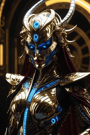 Full body portrait, Futuristic alien woman goddess, Samurai-like mask, in polished chrome armor with glowing blue eyes, gold and burgundy accents, unknown materials, realistic detailed digital painting, cinematic lighting, fantasy, character design by Craig Mullins and H. R. Giger, 4k resolution,futuristic alien