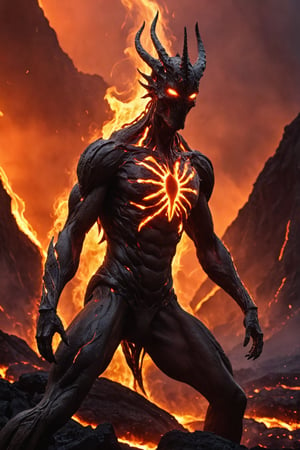 A stunningly bizarre and otherworldly creature, seemingly emerging from the heart of a raging volcanic eruption on a distant lava planet. Its long, elongated head is adorned with a crown of lava rock, its skin a luminous red color that pulses and glows like the burning red skies above. The creature's body is a mesmerizing amalgamation of molten rock and fiery energy, flowing seamlessly into its surroundings as if it were born from the very core of the planet. It stands tall on spindly, yet imposing legs that seem to be made of solidified lava, allowing it to navigate the unforgiving terrain with ease. The creature's eyes, if they can be called that, are mere pinpricks of light, glowing like embers amidst the inferno that surrounds it. The air crackles with heat and energy, and the creature's presence is felt in every molecule of the atmosphere, as if it were a living embodiment of the planet's fiery heart.,futuristic alien