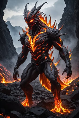A bizarre and otherworldly creature, seemingly formed from the merging of an alien being and the raw, primal forces of a volcanic eruption. Standing upright on two legs, its long, muscular frame is covered in flowing folds of molten lava, which continuously shift and flow over its contorted body. The creature's head is particularly striking, elongated and distorted into a shape reminiscent of a glowing, red-hot lava lamp. Its eyes, two small, fiery orbs, seem to glow with an intensity that matches the heat emanating from its skin. The lava-encrusted creature's form seems to writhe and twist as it moves, almost as if it were a living embodiment of the chaotic energy of the volcanic eruption that birthed it. Its long, sinuous tail, adorned with razor-sharp spines, lashes back and forth menacingly as it steps forward, revealing the sharp, jagged rocks that make up its lava-coated legs. This futuristic alien, created from the very heart of a Vulcanic eruption, stands as a testament to the terrifying and awe-inspiring power of nature, and the limitless potential for life to adapt and thrive in even the most hostile of environments.,futuristic alien