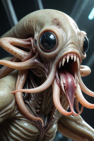 Squid-like alien creature with a big mouth filled with razor teeth, sci-fi theme, detailed digital painting, cinematic lighting, hyper-realistic, creature design by Neville Page and H.R. Giger, artstation showcase, 4k resolution