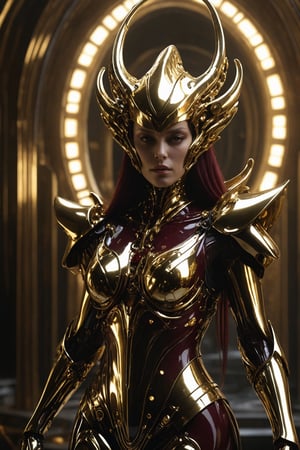 Futuristic alien woman goddess in polished chrome armor with glowing gold and burgundy accents, unknown materials, realistic detailed digital painting, cinematic lighting, fantasy, character design by Craig Mullins and H. R. Giger, 4k resolution,futuristic alien