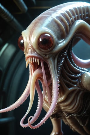 Squid-like alien creature with a big mouth filled with razor teeth, long tapered jaw, sci-fi theme, detailed digital painting, cinematic lighting, hyper-realistic, creature design by Neville Page and H.R. Giger, artstation showcase, 4k resolution