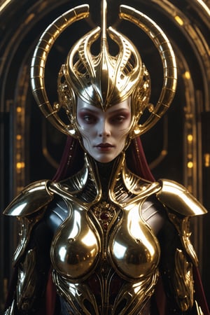Futuristic alien woman goddess, porcelain face, in polished chrome armor with glowing gold and burgundy accents, unknown materials, realistic detailed digital painting, cinematic lighting, fantasy, character design by Craig Mullins and H. R. Giger, 4k resolution,futuristic alien