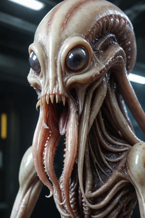 Squid-like alien creature with a big mouth filled with razor teeth, sci-fi theme, detailed digital painting, cinematic lighting, hyper-realistic, creature design by Neville Page and H.R. Giger, artstation showcase, 4k resolution