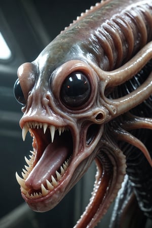 Squid-like alien creature with a big mouth filled with razor teeth, long pointy jaw, sci-fi theme, detailed digital painting, cinematic lighting, hyper-realistic, creature design by Neville Page and H.R. Giger, artstation showcase, 4k resolution