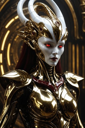 Futuristic alien woman goddess, white porcelain face, in polished chrome armor with glowing eyes, gold and burgundy accents, unknown materials, realistic detailed digital painting, cinematic lighting, fantasy, character design by Craig Mullins and H. R. Giger, 4k resolution,futuristic alien