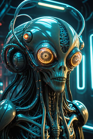 Jellyfish alien with a skinny, reptile-like eyes, big head filled with circuitry, sci-fi, detailed digital painting, cinematic, character design by H.R. Giger and Wayne Barlowe, hyperrealistic, futuristic cyberpunk background, glowing neon lights, 4k resolution, octane render, surreal atmosphere