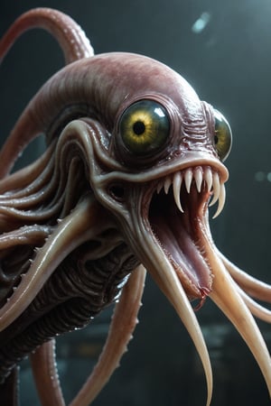 Squid-like alien creature with a big mouth filled with razor teeth, sci-fi theme, detailed digital painting, cinematic lighting, hyper-realistic, creature design by Neville Page and H.R. Giger, artstation showcase, 4k resolution