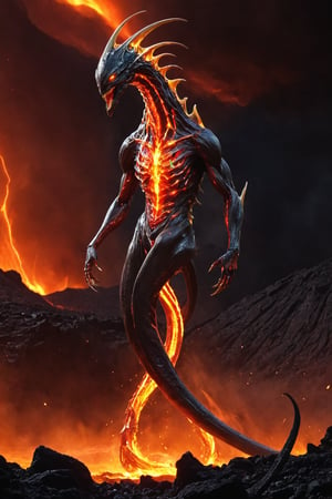A startlingly unique alien creature, seemingly born from the depths of a volcanic eruption on a lava planet. Its long, elongated head stretches almost twice the length of its body, giving it an almost serpentine appearance. The surface of its skin is a shimmering, molten red, mimicking the color of the lava that surrounds it. Lava drips from its body, continuously reforming and reshaping its form as it flows down its back and over its limbs. The alien's eyes glow with an intense heat, their irises hidden by the flowing lava. Its mouth, a narrow slit lined with razor-sharp teeth, seems to quiver as it exhales hot air, further adding to its menacing appearance. The creature's long, sinuous tail is tipped with a razor-sharp spike, which it uses to navigate through the flowing lava with deadly precision. Despite its otherworldly appearance and intimidating demeanor, the creature seems to move with a grace that defies its alien anatomy, as if it were born to exist within the unforgiving environment of the lava planet.,futuristic alien