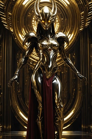 Full body portrait, Futuristic alien woman goddess, gelatine like mask, in polished chrome armor with glowing eyes, gold and burgundy accents, unknown materials, realistic detailed digital painting, cinematic lighting, fantasy, character design by Craig Mullins and H. R. Giger, 4k resolution,futuristic alien