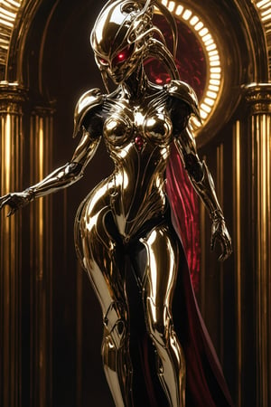 Full body portrait, Futuristic alien woman goddess, gelatine like mask, in polished chrome armor with glowing burgundy eyes, gold and burgundy accents, unknown materials, realistic detailed digital painting, cinematic lighting, fantasy, character design by Craig Mullins and H. R. Giger, 4k resolution,futuristic alien