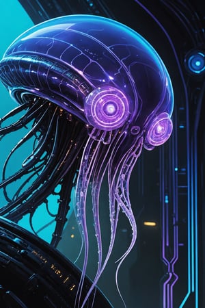 Jellyfish alien with a skinny, reptile-like eyes, big round head filled with circuitry, sci-fi, detailed digital art, futuristic, cyberpunk, alien creature design, high resolution, intense blue and purple lighting, cinematic, concept art by Syd Mead and H.R. Giger, realistic texture, otherworldly atmosphere