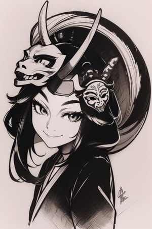 1girl, looking at viewer, smiling, ink monochrome, samurai, oni mask