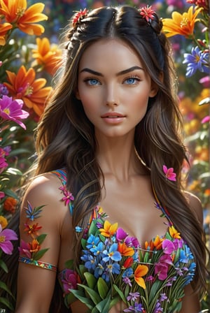 award-winning photo, A beautiful girl, looking like Megan Fox, young woman's sportswear and surrounded by bright colorful flowers, detailed skin, skin pores, magical fantasy, long hair, intricate, sharp focus, highly detailed, 3D, blue eyes, Megan Fox, ral-chrcrts