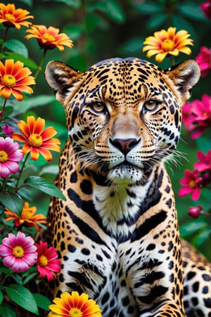 Close-up of a cute jaguar in graceful pose in three-quarter view,  colorful flowers around. Extremely realistic. A memorable photo.,Flora