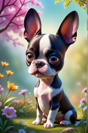 There is a little puppy (Boston Terrier) sitting in a funny pose,  beautiful digital painting,  cute digital art,  cute little dog,  cute detailed digital art,  adorable and cute,  very cute little dog,  a cute little dog,  beautiful 3D rendering,  cute little dog,  cute and adorable,  visual image of a cute and adorable puppy. Spring weather in the background.,<lora:659095807385103906:1.0>