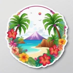 a colorful tropical island with palm trees and flowers in a circle, floral, tropical paradise, tropical mood, sticker - art, tropical island. White Background