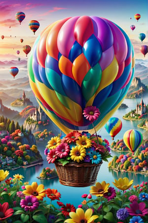 Close-up of an inflated colorful balloon, flying and carrying a basket of colorful flowers. Balloon Explorer, digital rendering, contemporary era, bright colors. Extremely realistic. A memorable 