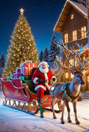 A close-up of Santa Claus in his sleigh being pulled by reindeer through a Christmas landscape in front of a Christmas tree, Imagine Santa Claus in a sleigh pulled by reindeer, full of gifts, facing the camera, with holographic displays. Incorporate a mix of rustic architecture, neon lights, and a vibrant feel of the past to capture the essence of a village during the holiday season. Add lots of sparkly garlands, cheerful balls, sparkly ribbons and other festive decorations. Show a joyful moment of Christmas magic!