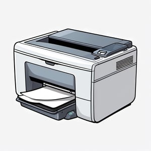 a realistic printer. Cartoon style, thick brush stroke, soft color, overlay, 30 degree inclination. White background.