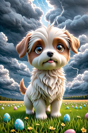 chibi adorable pixar style puppy [Brittany], in the middle of the open field worried about the closed weather, dark clouds, as a storm is brewing with a tornado behind, easter environment, photorealistic, cute, hdr, shaded, lens, focus on puppy, lighting, hyper-detailed, filigree, big round detailed eyes, detailed, adorable, Jean Baptiste Monk, Carol Buck, Tyler Edlin, Perfect Composition, Beautifully Detailed, Trending on Artstation, 8K Fine Art Photography, Photorealistic Concept Art, Cinematic Perfect Light volumetric, Natural brightness and contrast, Chiaroscuro, Award-winning photography, Masterpieces, Digital Art, rafael, caravaggio, greg rutkowski, belle, bexinski, giger, children's fairy tale style, bright and vivid colors without saturation.