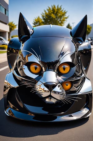 Photo of an external view of a car made for a cat lover. All inspired by the shapes of a cat, especially the giant head. Hood, windshield, all inspired by feline shapes. Made of glass and carbon fiber, chrome plated, highly reflective, futuristic designs. Details inspired by the feline shape and an integration of colors. An award-winning photo.,<lora:659095807385103906:1.0>