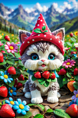 plush toy kitten with a strawberry hat in a cute and young photo, newborn, 3/4 view, pixar style, cute and happy character in hero pose, summer landscape where all the flowers are colorful. Very colorful image but without saturation. Complex art, 8k resolution, masterpiece, detailed background, stuffed toy kitten depth of field, 3D style.