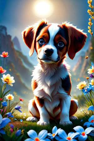 A captivating digital painting of a young Brittany puppy sitting in a comical pose, with its head tilted and an expression of doubt on its face. The puppy's eyes are filled with curiosity, and its fur is rendered with incredible detail and a vibrant sheen. The background showcases a serene spring weather scene, with blooming flowers, a blue sky, and a warm sun. This adorable and heartwarming artwork captures the essence of youthful innocence and the beauty of nature during the onset of spring.