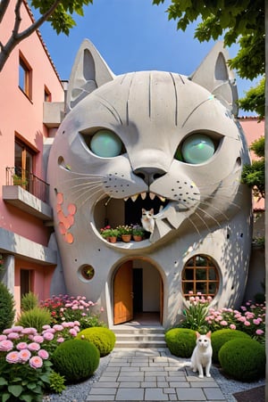 Photo of an external view of a house made for a cat lover. Everything inspired by the shapes of a cat, with emphasis on the giant head and the entrance to the house with bedrooms, living rooms, all inspired and accommodated inside a house that looks like a giant cat made of fine, well-finished concrete. Details inspired by the feline form and a fun integration of soft pastel colors. An award-winning photo. Flower garden in the courtyard.,<lora:659095807385103906:1.0>