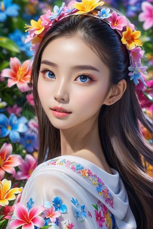 award-winning photo, A beautiful girl, looking like Angelababy, young woman's sportswear and surrounded by bright colorful flowers, detailed skin, skin pores, magical fantasy, long hair, intricate, sharp focus, highly detailed, 3D, blue eyes, Angelababy, ral-chrcrts