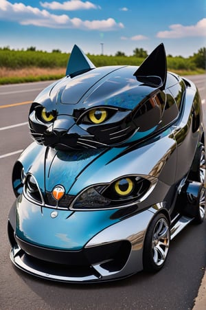 Photo 3/4 view of a car made for a cat lover. All inspired by the shapes of a cat, especially the giant head. Hood, windshield, all inspired by feline shapes. Made of glass and carbon fiber, chrome plated, highly reflective, futuristic designs. Details inspired by the feline shape and an integration of colors. A beautiful car on the road. An award-winning photo.,<lora:659095807385103906:1.0>