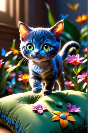 chibi adorable pixar style kitten [Chartreux], standing on 4 paws on top of a cushion, details with small colorful flowers, photorealistic, cute, hdr, shaded, lens, focus on kitten, lighting, hyperdetailed, filigree, big round eyes detailed, detailed, adorable, Jean Baptiste Monge, Carol Buck, Tyler Edlin, Perfect Composition, Beautifully Detailed, Trending on Artstation, 8K Art Photography, Photorealistic Concept Art, Volumetric Cinematic Perfect Light, Natural Brightness and Contrast, Chiaroscuro, Award-Winning Photography, Masterpiece, Digital Art , rafael , caravaggio, greg rutkowski, belle, bexinski, giger, children's fairy tale style, bright and vivid colors without saturation.,Flora