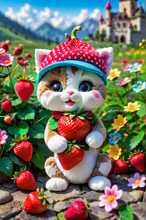 plush toy kitten with a strawberry hat in a cute and young photo, newborn, 3/4 view, pixar style, cute and happy character in hero pose, summer landscape where all the flowers are colorful. Very colorful image but without saturation. Complex art, 8k resolution, masterpiece, detailed background, stuffed toy kitten depth of field, 3D style.