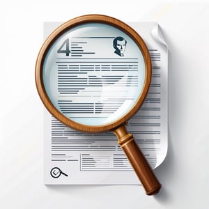 4 icons of a magnifying glass with a wooden handle (like the one used by Sherlock Holmes) over a document (this icon represents the visualization of a report), cartoon style, icons tilted at 30 degrees. White background.,,