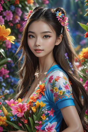 award-winning photo, A beautiful girl, looking like Angelababy, young woman's sportswear and surrounded by bright colorful flowers, detailed skin, skin pores, magical fantasy, long hair, intricate, sharp focus, highly detailed, 3D, blue eyes, Angelababy, ral-chrcrts