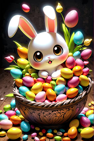 Chibi bunny with an easter basket with chocolates, gifts and sweets, easter environment, photorealistic, cute, hdr, shaded, lens, focus on the bunny, lighting, hyperdetailed, filigree, big round eyes detailed, detailed, Jean Baptiste Monk, Carol Buck, Tyler Edlin, Perfect Composition, Beautifully Detailed, Trending on Artstation, 8K Fine Art Photography, Photorealistic Conceptual Art, Volumetric Cinematic Perfect Light, Natural Brightness and Contrast, Chiaroscuro, Award-Winning Photography, Masterpieces, Digital Art, rafael , caravaggio, greg rutkowski, belle, bexinski, giger, children's fairy tale style, bright and vivid colors without saturation.,Chibi Style