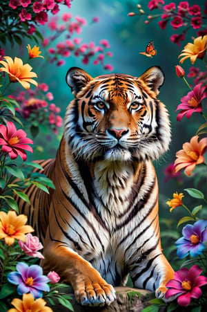 Close-up of majestic tiger in graceful pose in three-quarter view, colorful flowers around. Extremely realistic. A memorable photo.