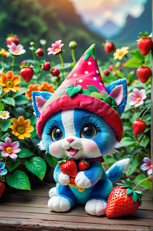 plush toy kitten with a strawberry hat in a cute and young photo, newborn, 3/4 view, pixar style, cute and happy character in hero pose, summer landscape where all the flowers are colorful. Very colorful image but without saturation. Complex art, 8k resolution, masterpiece, detailed background, stuffed toy kitten depth of field, 3D style.