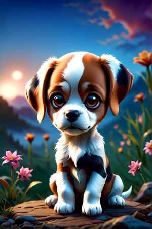 There is a very young puppy (Brittany) sitting in a funny pose, looking at the camera with an expression of doubt (that traditional posture of the head tilted with that question mark face). Beautiful digital painting, cute digital art, cute puppy, cute detailed digital art, adorable and cute, very cute puppy, a cute puppy, beautiful 3D rendering, cute puppy, cute and adorable, visual image of a cute and adorable puppy. Spring weather in the background,