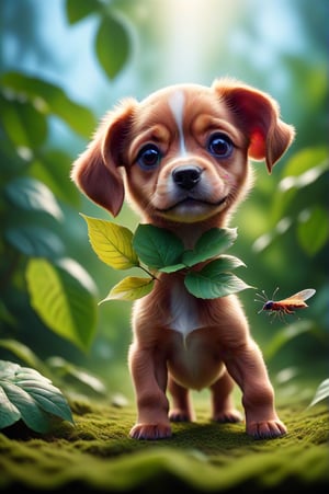 Imagine IN A REALITY LIKE THE REAL WORLD in a CLOSE-UP, an puppy holding itself on top of a leaf that is hovering in the air, the ant's antennae are bent to the side due to the force of the wind, CINEMATOGRAPHIC, CINEMA, 8K ULTRA HD, NATURAL LIGHTING <CINEMATOGRAPHIC, CINEMA, IMAX 3D, IMAX DIGITAL, 8K ULTRA HD, NATURAL LIGHTING>, cinematic, typography,<lora:659095807385103906:1.0>