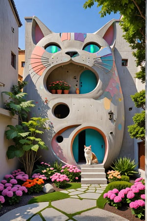 Photo of an external view of a house made for a cat lover. Everything inspired by the shapes of a cat, with emphasis on the giant head and the entrance to the house with bedrooms, living rooms, all inspired and accommodated inside a house that looks like a giant cat made of fine, well-finished concrete. Details inspired by the feline form and a fun integration of soft pastel colors. An award-winning photo. Flower garden in the courtyard.,<lora:659095807385103906:1.0>