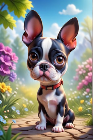 There is a little puppy (Boston Terrier) sitting in a funny pose,  beautiful digital painting,  cute digital art,  cute little dog,  cute detailed digital art,  adorable and cute,  very cute little dog,  a cute little dog,  beautiful 3D rendering,  cute little dog,  cute and adorable,  visual image of a cute and adorable puppy. Spring weather in the background.,<lora:659095807385103906:1.0>