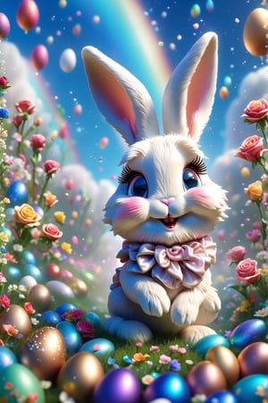 Chibi bunny (bunny fur:1.5) smiling charmingly, nestled among roses, gifts and golden seeds, framed by a verdant lawn dotted with Easter eggs, against a backdrop of blue skies and rainbow arches with floating soap bubbles, in a charmingly pose, photographed by Miki Asai with macro lens precision, trending on ArtStation with Greg Rutkowski's detailed fantasy style in 9k resolution, sharp focus aperture F 1.5, intricate details, setting studio photography, ultra high