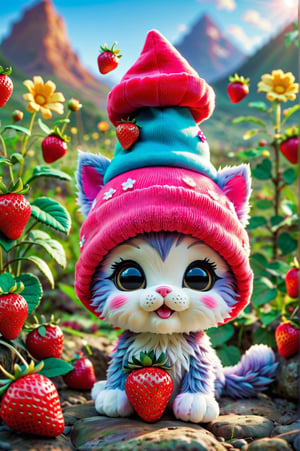 plush toy kitten with a strawberry hat in a cute and young photo, newborn, 3/4 view, pixar style, cute and happy character in hero pose, summer landscape where all the flowers are colorful. Very colorful image but without saturation. Complex art, 8k resolution, masterpiece, detailed background, stuffed toy kitten depth of field, 3D style.