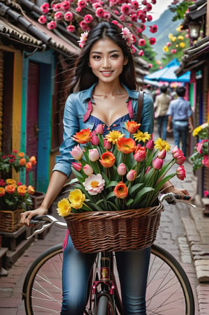 asiatic girl with a basket of flowers on a bicycle, carrying flowers, full of flowers, flowers!!!!, beautiful flowers, colourful, full of colors, made of flowers, very colourful, full of color, full of colour, !!natural beauty!!, very beautiful photo, covered with flowers, beautiful colorful, full of colours, wow it is beautiful, beautiful and colorful,Blossom 