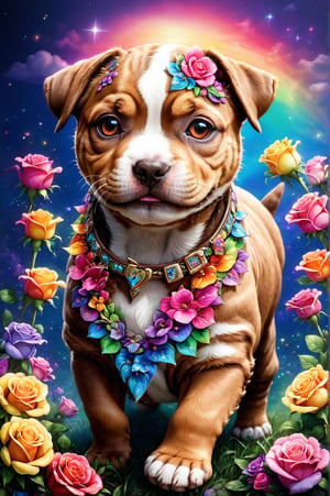 (masterpiece, best quality, ultra-detailed, 8K),high detail, realisitc detailed, Charming and happy little puppy [American Staffordshire Terrier] Chibi, in the dark, colorful roses wreath, brown eyes,eye contact, short and soft skin, kind smile, details of colorful flowers,
a serene and contemplative rainbow in the sky, day sky background